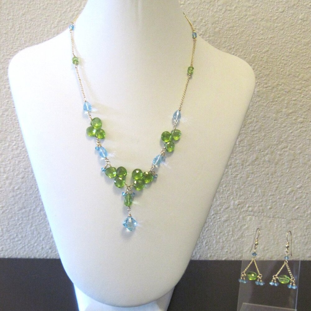 Michele Crystal & Gold Chain Necklace with Drop Earrings in Blue & Green